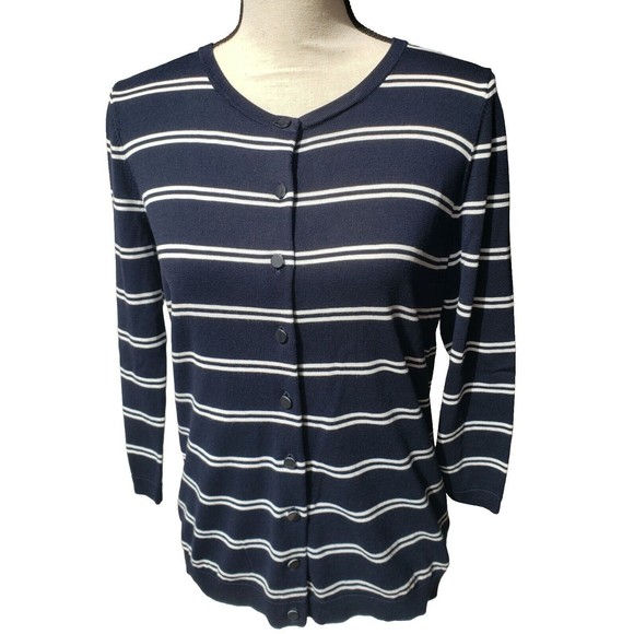 Womens Sweater TALBOTS White &Blue Striped Cotton Knit Cardigan 3/4 Slv Sz Small - Picture 1 of 8